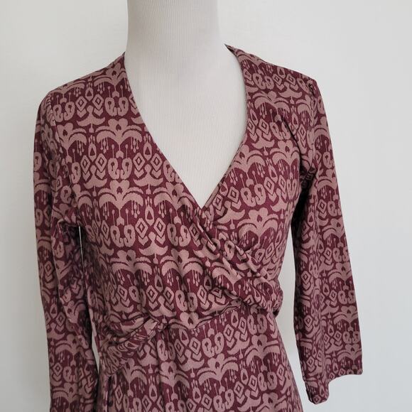 PrAna Faux Wrap Dress Ikat Print Purple Twist Front 3/4 Sleeves Women Medium - Picture 4 of 10